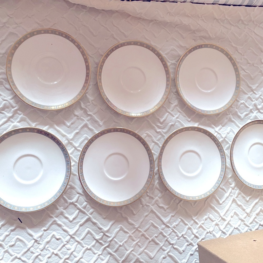 Royal Doulton Athens H4987 Saucers Set of 7 Cream Blue Gold Fine China